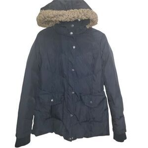 Betsey‎ Johnson Puffer Coat Faux Fur Trim Hooded Winter Jacket Black Womens S